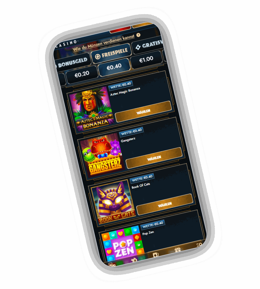 Bonus-Shop mit aktivem Freispiel-Reiter und Einsatzfilter&nbsp;&euro;0.40